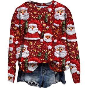 Yinbwol Women Red Long Sleeve Oversized Round Neck Pullover Christmas Sweatshirt